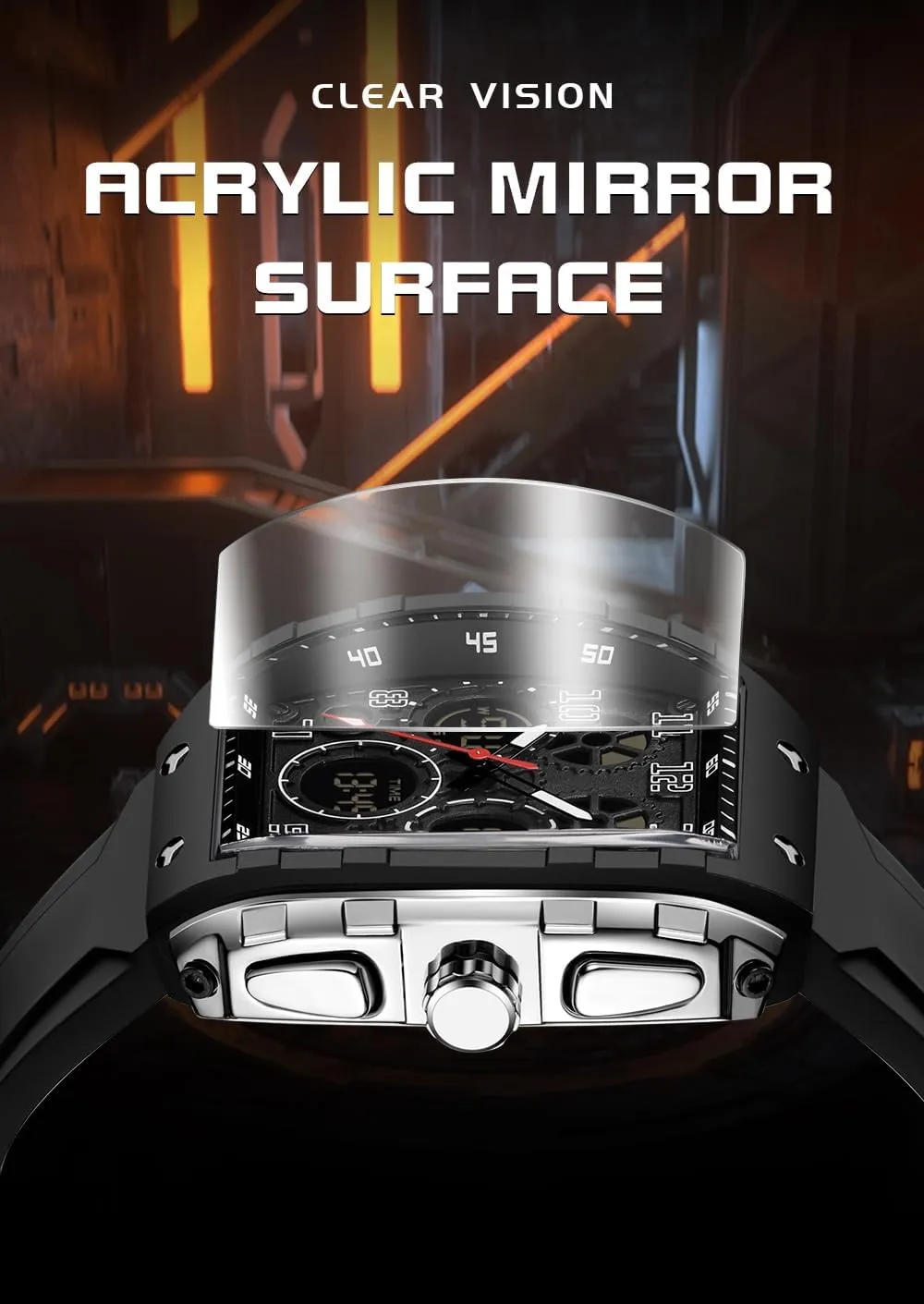 FANMIS Watch for Men Fashion Hollow Unique Rectangle Dial Wristwatch Waterproof Sport Digital Analog Dual Time Display Stopwatch Punk Cool Design Silicon Strap Dress Watch