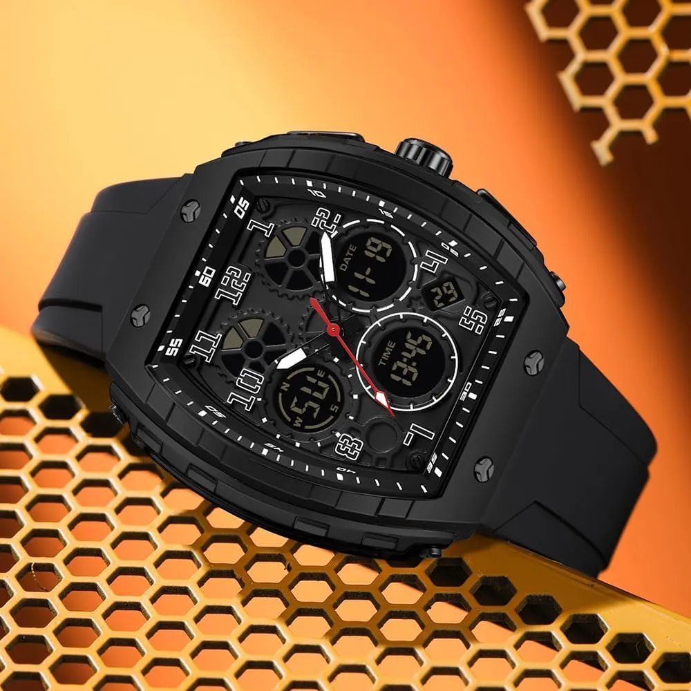 FANMIS Watch for Men Fashion Hollow Unique Rectangle Dial Wristwatch Waterproof Sport Digital Analog Dual Time Display Stopwatch Punk Cool Design Silicon Strap Dress Watch
