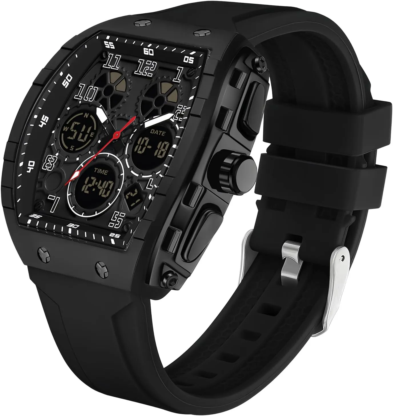 FANMIS Watch for Men Fashion Hollow Unique Rectangle Dial Wristwatch Waterproof Sport Digital Analog Dual Time Display Stopwatch Punk Cool Design Silicon Strap Dress Watch