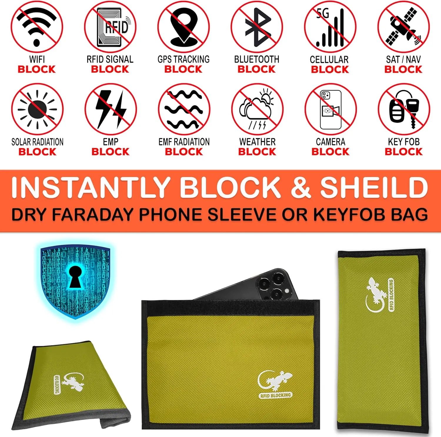 Faraday Bag, Anti-Tracking GPS RFID Car Key Signal Blocker Wallet Shielding Pouch Protective Case for Cell Phone Car Key FOB, Data Privacy, Electronic Device Security (Yellow - Nylon)