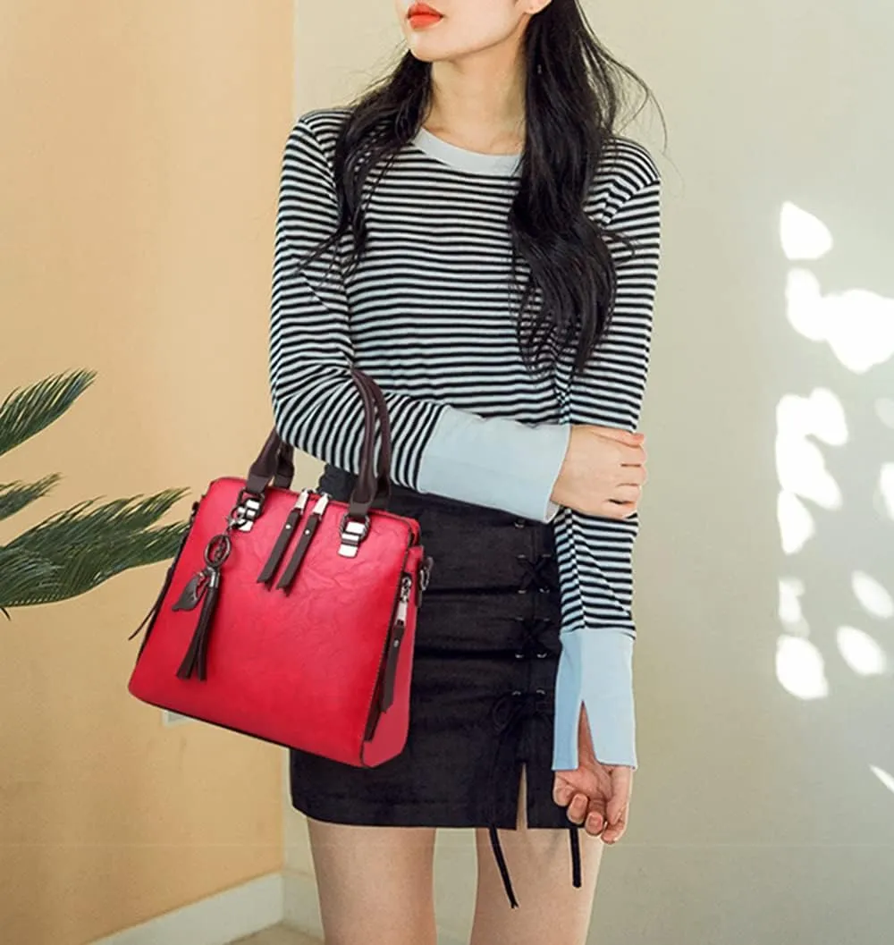 Fashion Retro Double Handle Satchel Handbag for Women Leather Crossbody Purse Top Handle Shoulder Bag Totes (Black)
