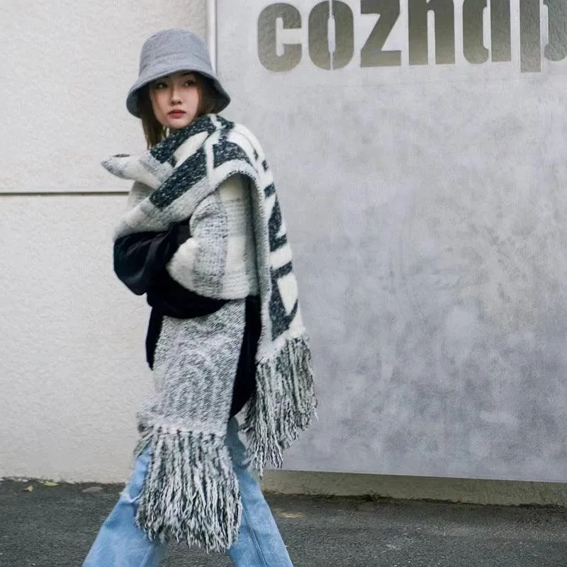 Female Student Long Fringe Thick Warm Scarf