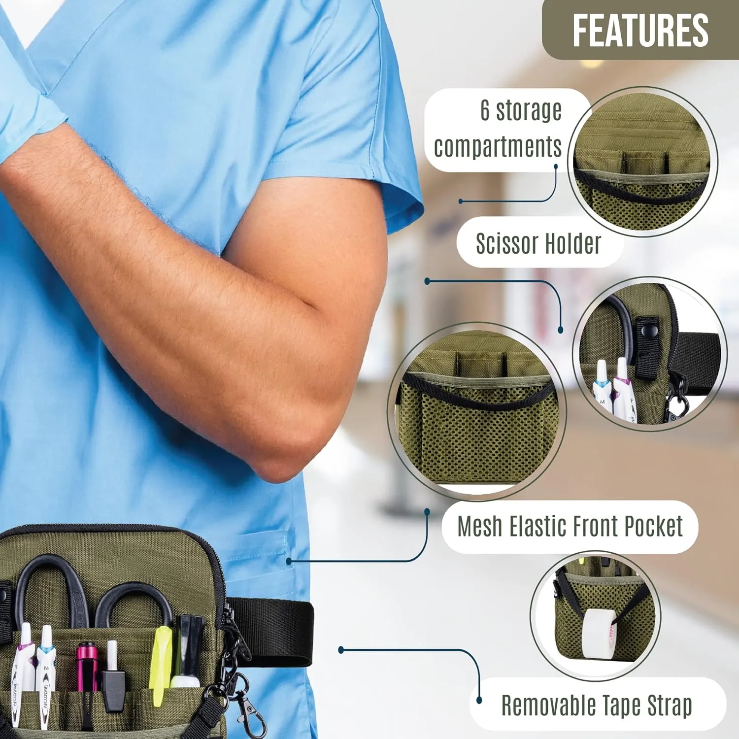 First Lifesaver 4-in-1 Nurse Fanny Pack with Medical Gear Pockets, Tape Holder, and Utility Storage for Stethoscopes, Bandage Scissors, and Emergency Supplies, Student and Nurse Use (Moss)