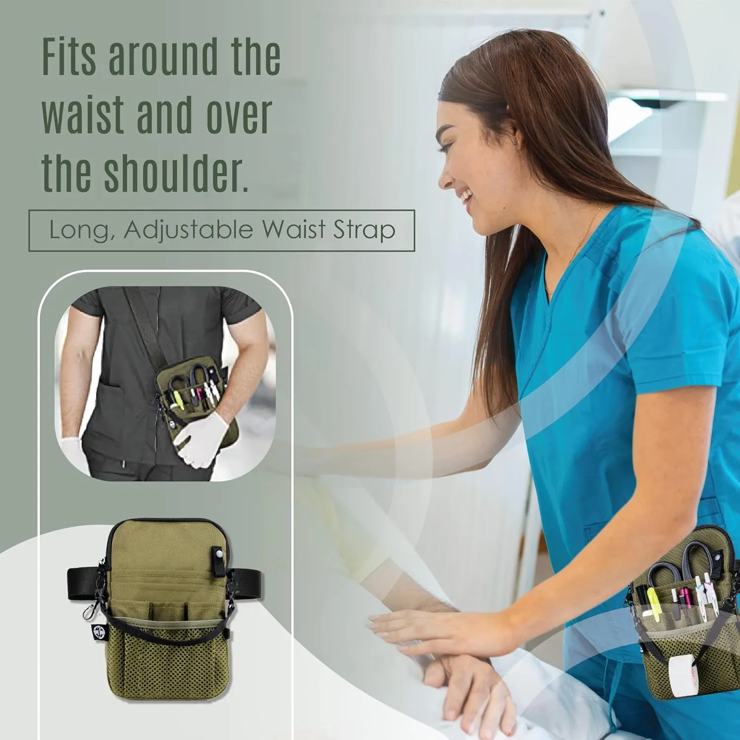 First Lifesaver 4-in-1 Nurse Fanny Pack with Medical Gear Pockets, Tape Holder, and Utility Storage for Stethoscopes, Bandage Scissors, and Emergency Supplies, Student and Nurse Use (Moss)