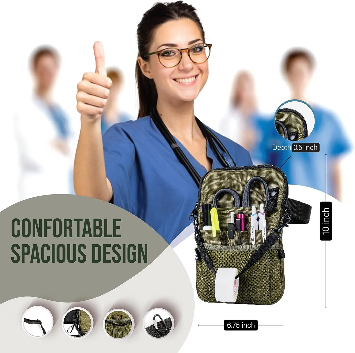 First Lifesaver 4-in-1 Nurse Fanny Pack with Medical Gear Pockets, Tape Holder, and Utility Storage for Stethoscopes, Bandage Scissors, and Emergency Supplies, Student and Nurse Use (Moss)