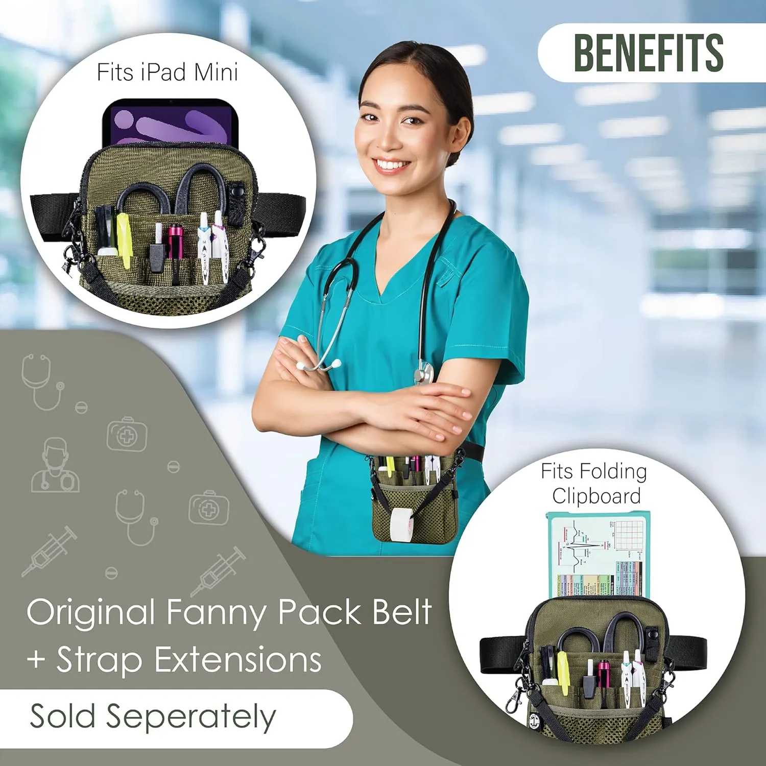 First Lifesaver 4-in-1 Nurse Fanny Pack with Medical Gear Pockets, Tape Holder, and Utility Storage for Stethoscopes, Bandage Scissors, and Emergency Supplies, Student and Nurse Use (Moss)