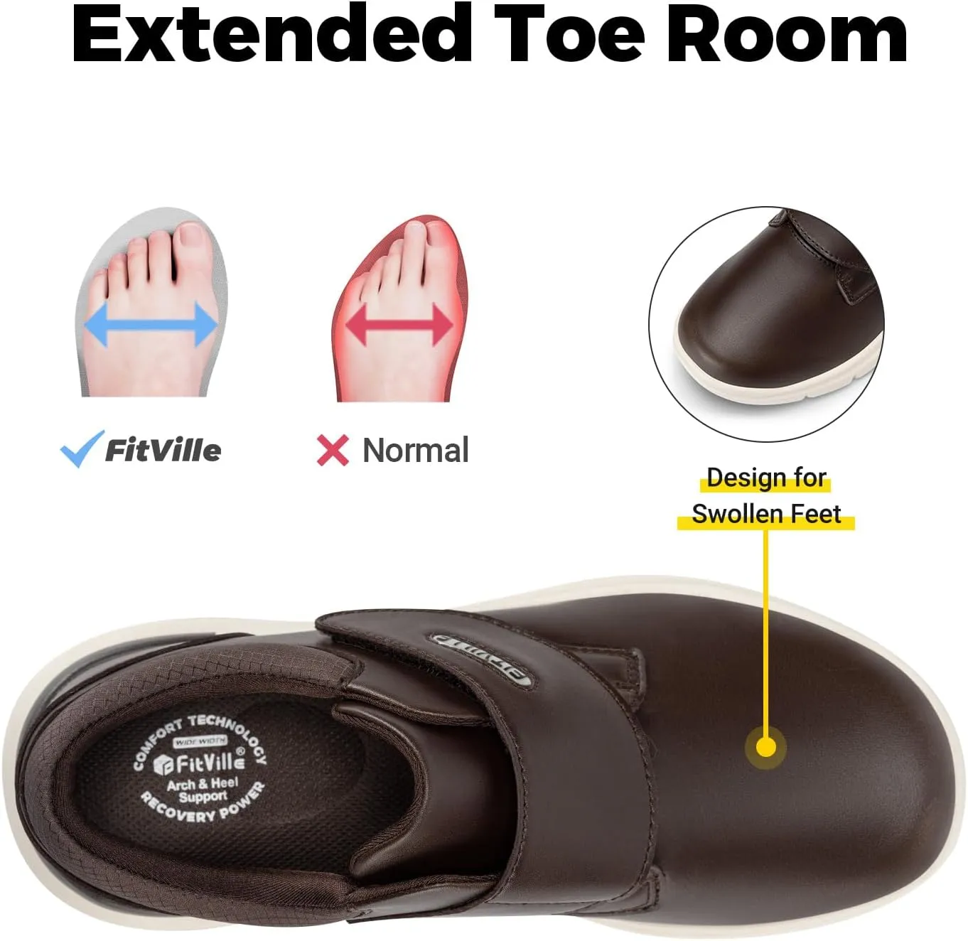 FitVille Diabetic Shoes for Men Extra Wide Slip-on Walking Shoes for Edema Hook & Loop Recovery Leather Oxford Shoes for Swollen Feet