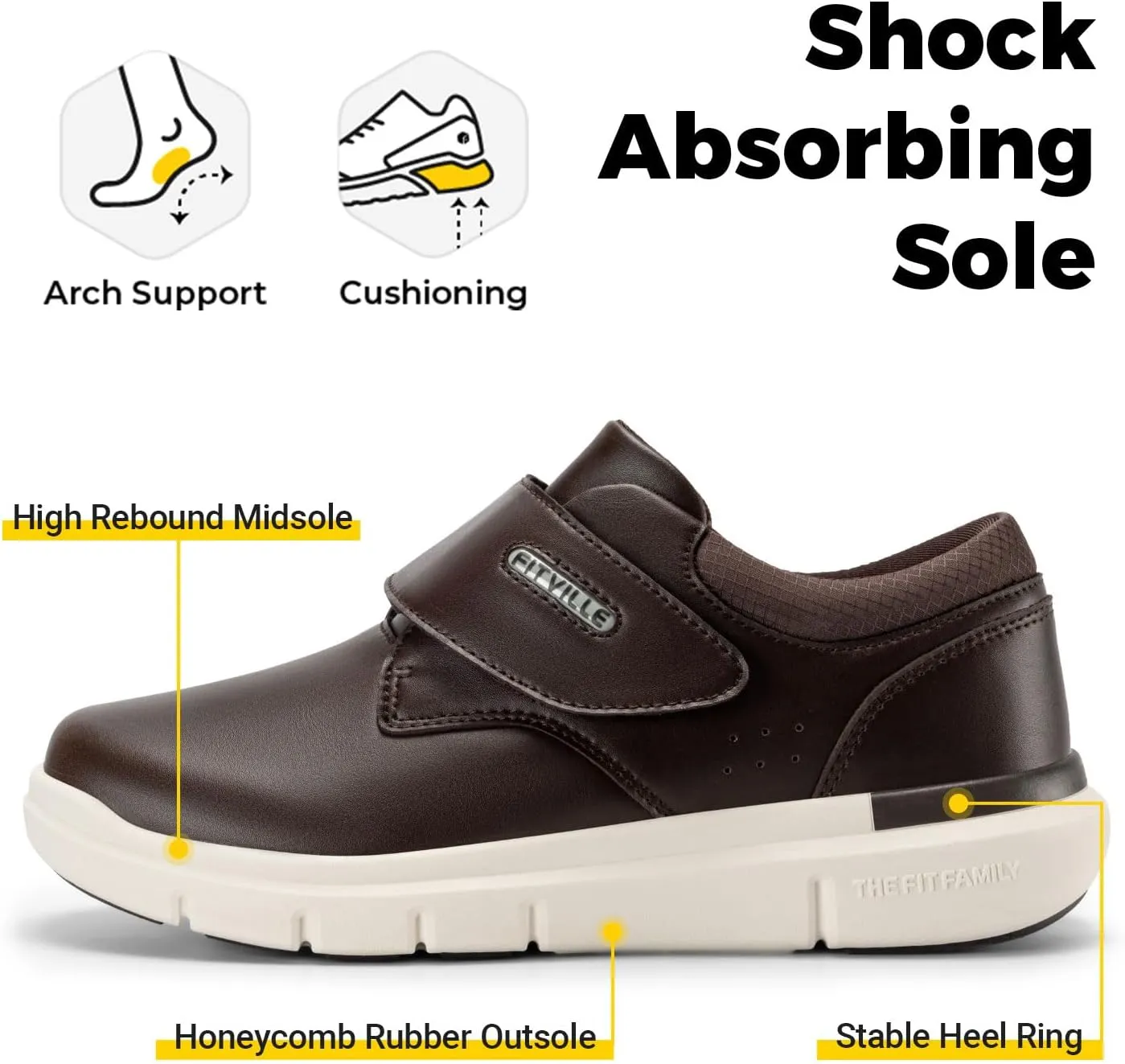 FitVille Diabetic Shoes for Men Extra Wide Slip-on Walking Shoes for Edema Hook & Loop Recovery Leather Oxford Shoes for Swollen Feet