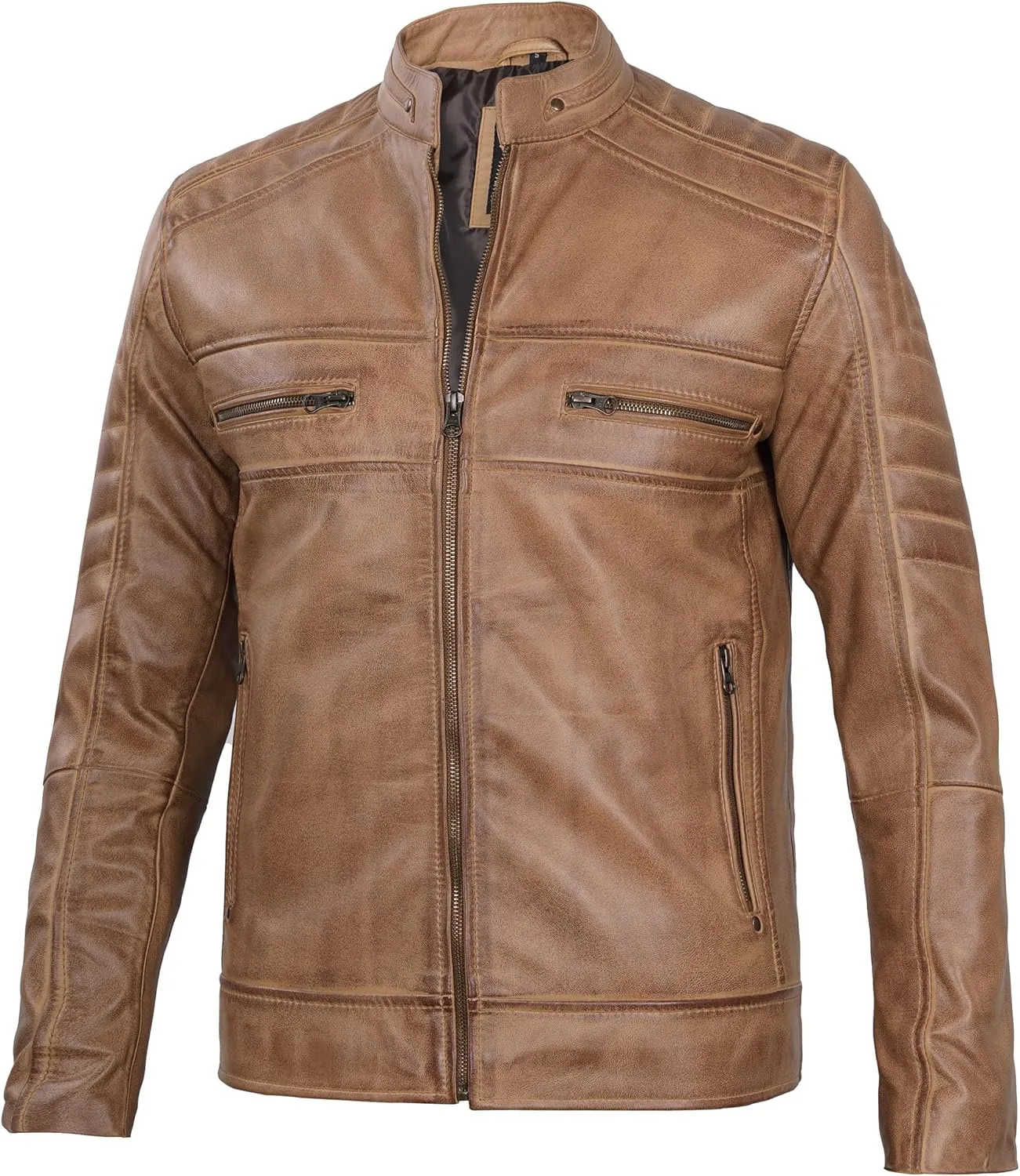 fjackets Cafe Racer Leather Jacket Men - Real Lambskin Natural Grain Leather Motorcycle Jackets For Mens