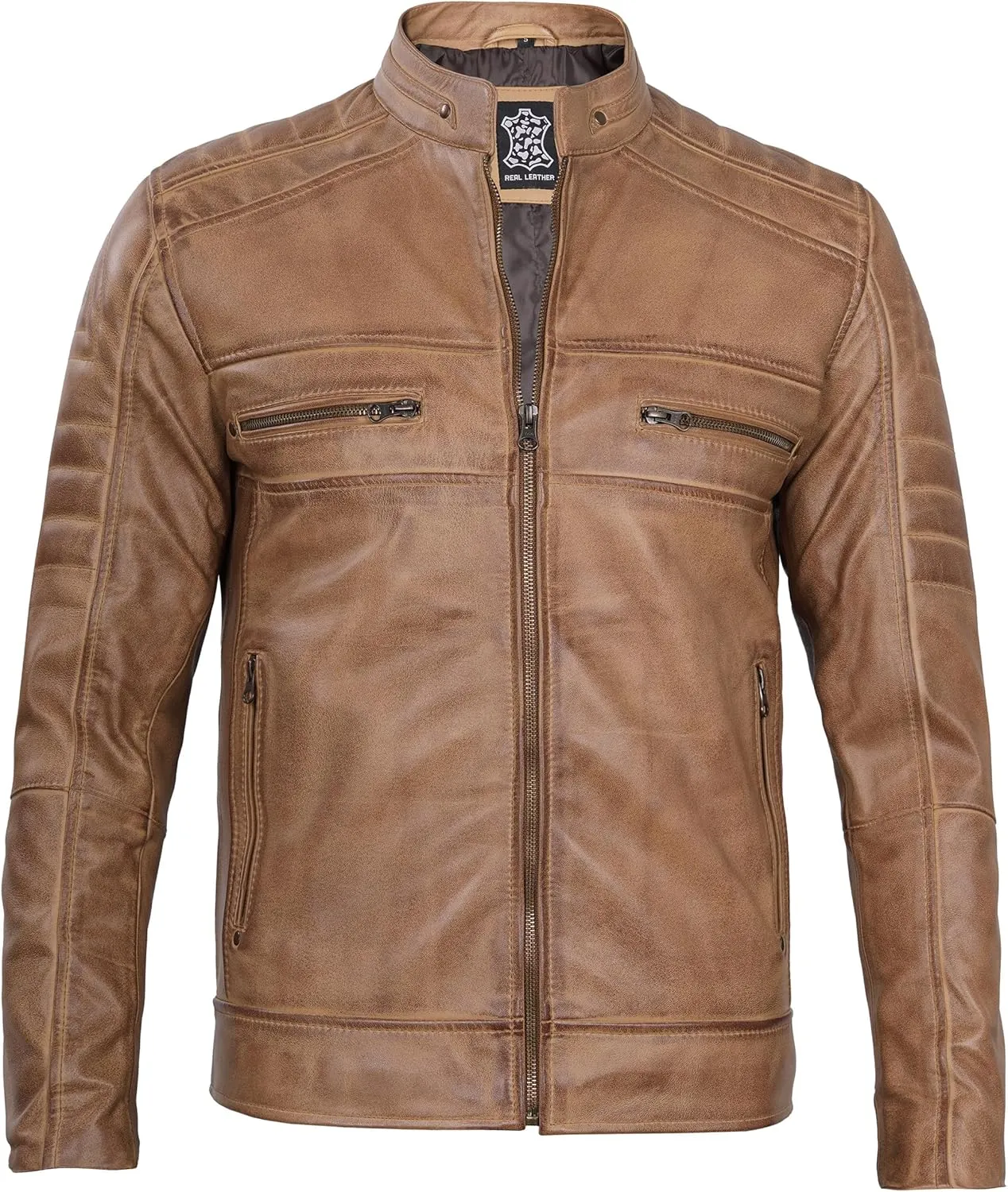 fjackets Cafe Racer Leather Jacket Men - Real Lambskin Natural Grain Leather Motorcycle Jackets For Mens