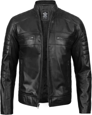 fjackets Cafe Racer Leather Jacket Men - Real Lambskin Natural Grain Leather Motorcycle Jackets For Mens