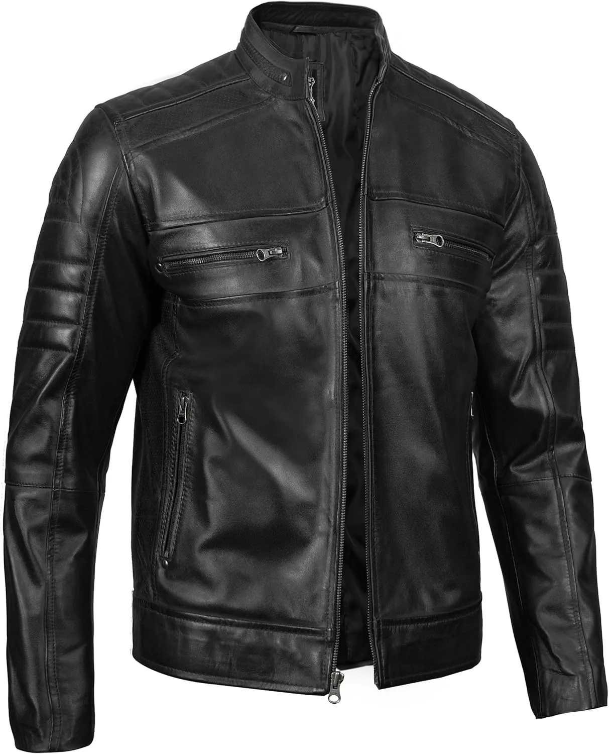 fjackets Cafe Racer Leather Jacket Men - Real Lambskin Natural Grain Leather Motorcycle Jackets For Mens