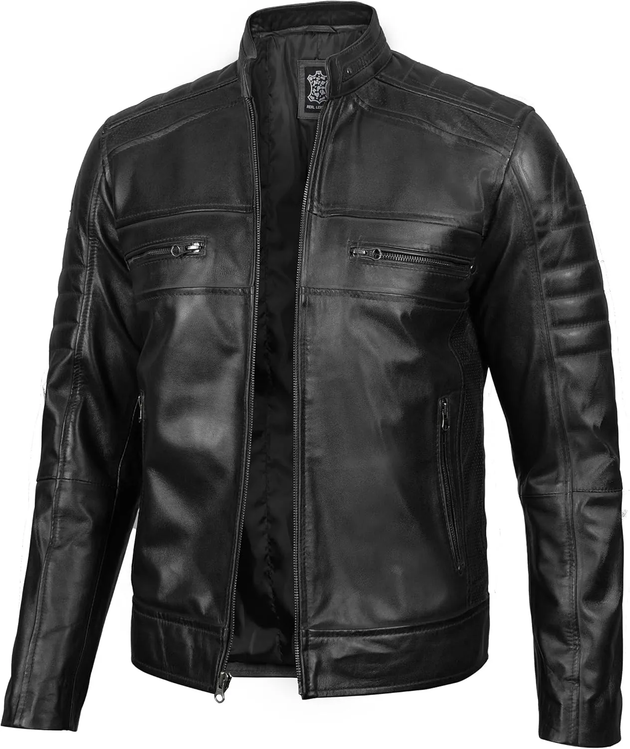 fjackets Cafe Racer Leather Jacket Men - Real Lambskin Natural Grain Leather Motorcycle Jackets For Mens