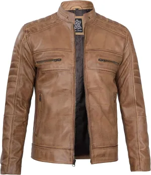 fjackets Cafe Racer Leather Jacket Men - Real Lambskin Natural Grain Leather Motorcycle Jackets For Mens