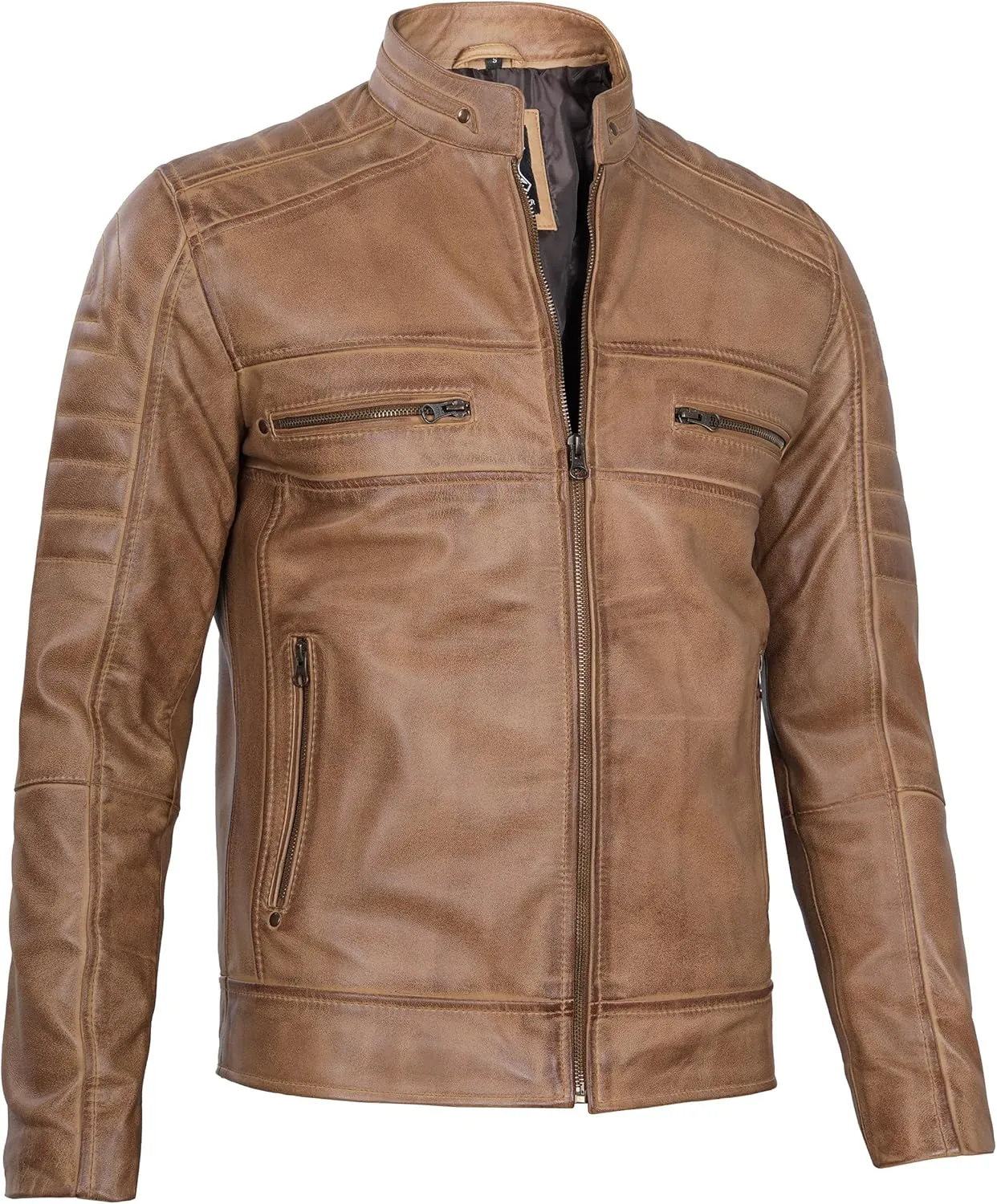 fjackets Cafe Racer Leather Jacket Men - Real Lambskin Natural Grain Leather Motorcycle Jackets For Mens