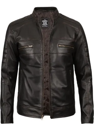 fjackets Cafe Racer Leather Jacket Men - Real Lambskin Natural Grain Leather Motorcycle Jackets For Mens