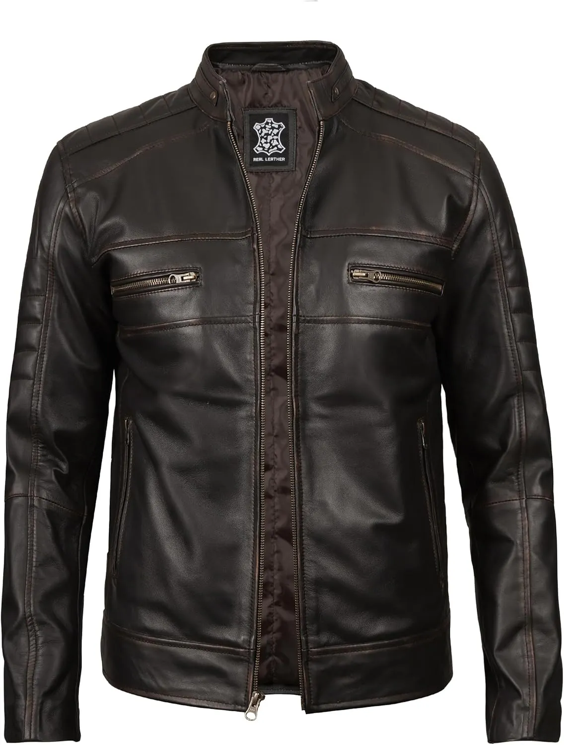 fjackets Cafe Racer Leather Jacket Men - Real Lambskin Natural Grain Leather Motorcycle Jackets For Mens