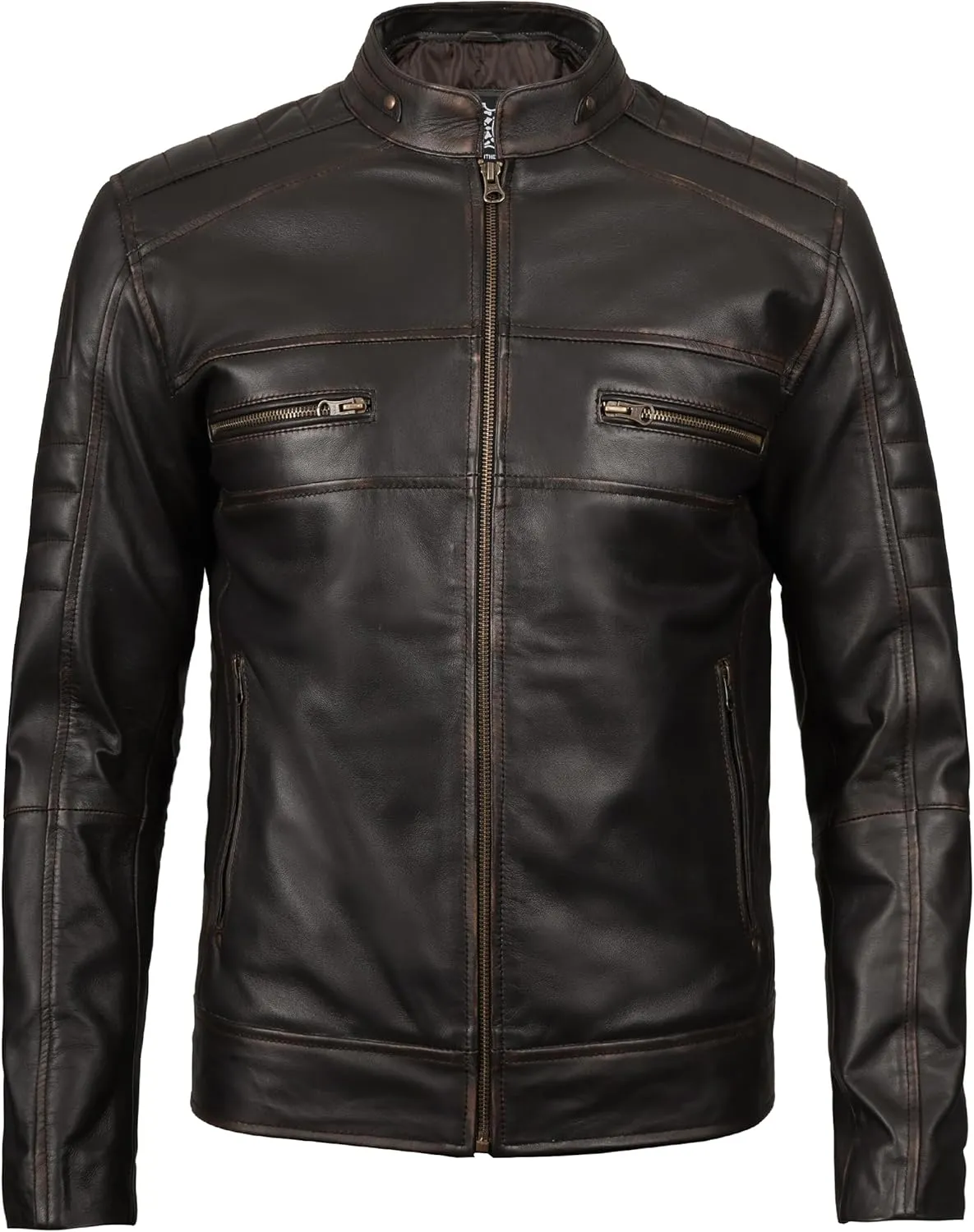 fjackets Cafe Racer Leather Jacket Men - Real Lambskin Natural Grain Leather Motorcycle Jackets For Mens