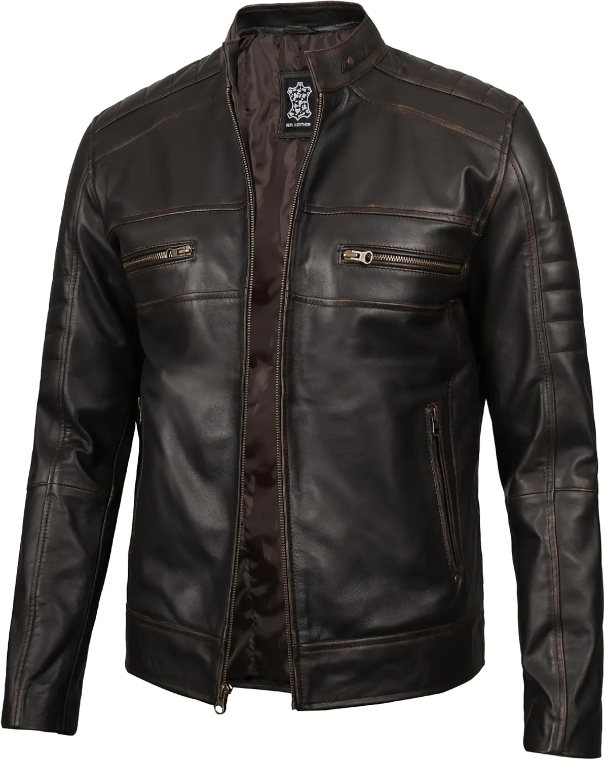 fjackets Cafe Racer Leather Jacket Men - Real Lambskin Natural Grain Leather Motorcycle Jackets For Mens