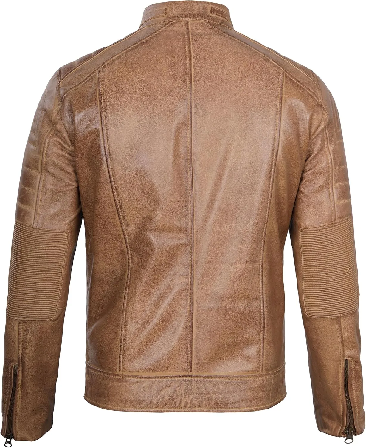 fjackets Cafe Racer Leather Jacket Men - Real Lambskin Natural Grain Leather Motorcycle Jackets For Mens