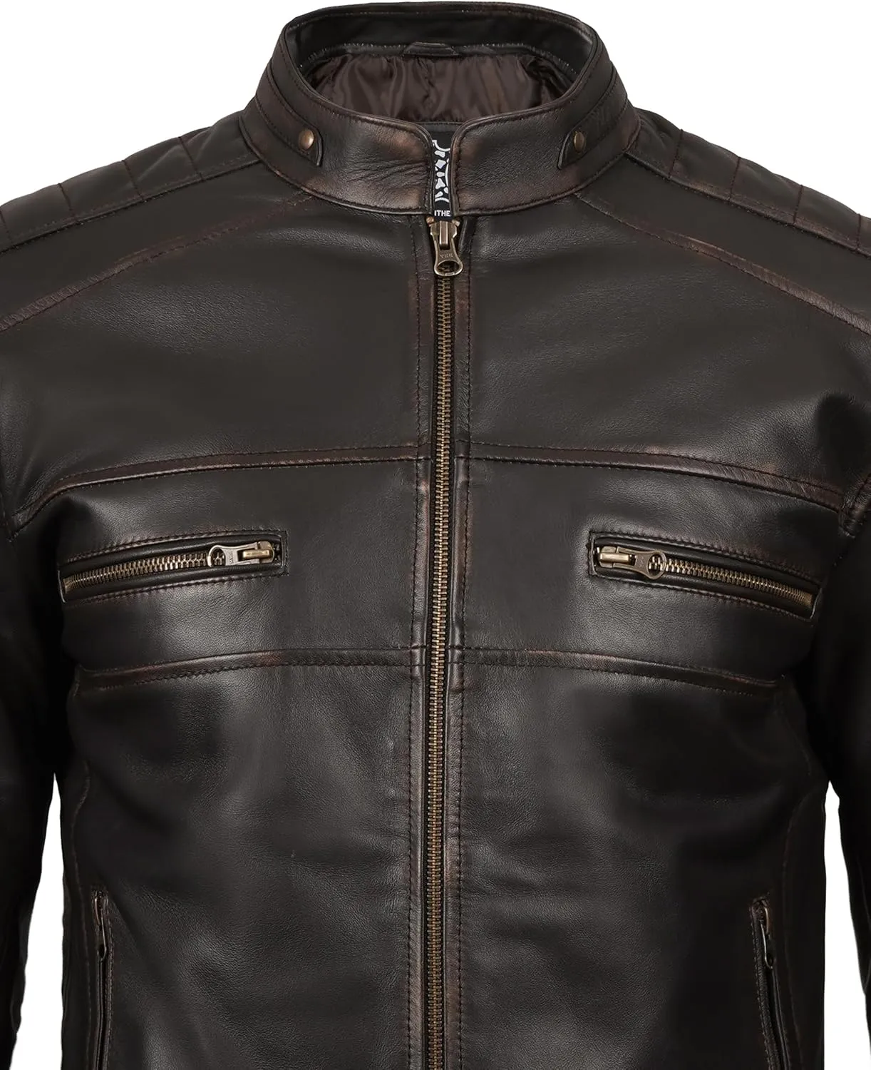 fjackets Cafe Racer Leather Jacket Men - Real Lambskin Natural Grain Leather Motorcycle Jackets For Mens