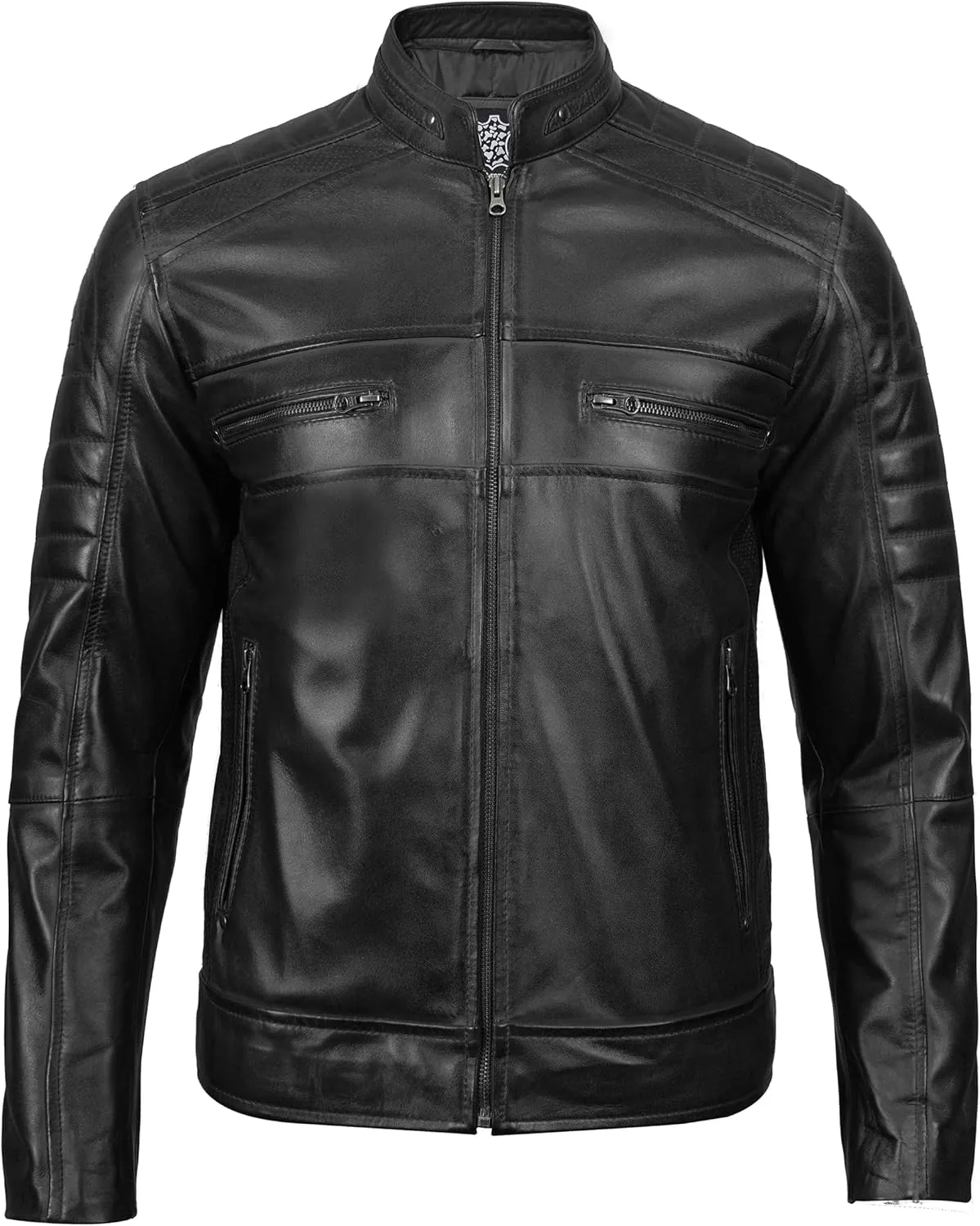 fjackets Cafe Racer Leather Jacket Men - Real Lambskin Natural Grain Leather Motorcycle Jackets For Mens