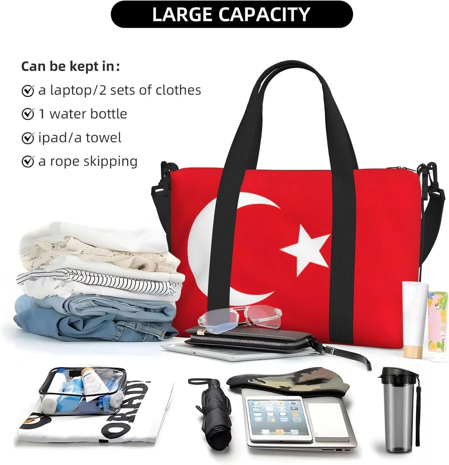 Flag Of Turkey Travel Duffel Bag Carry On Tote Bags For Men,Weekender Overnight Bag,Sports Tote Gym Bag