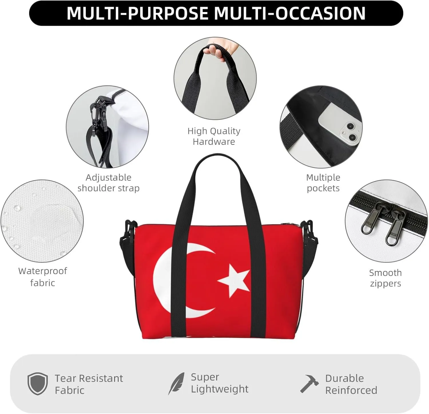 Flag Of Turkey Travel Duffel Bag Carry On Tote Bags For Men,Weekender Overnight Bag,Sports Tote Gym Bag