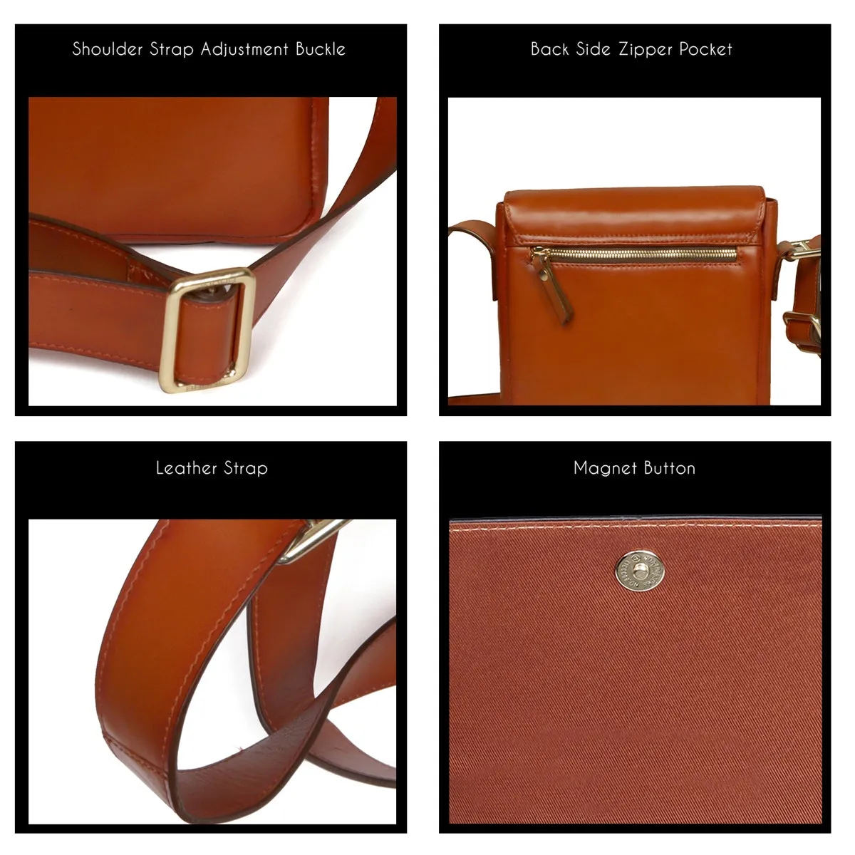 Flap-over Crossbody Bag in Tan Leather with Multi Compartment