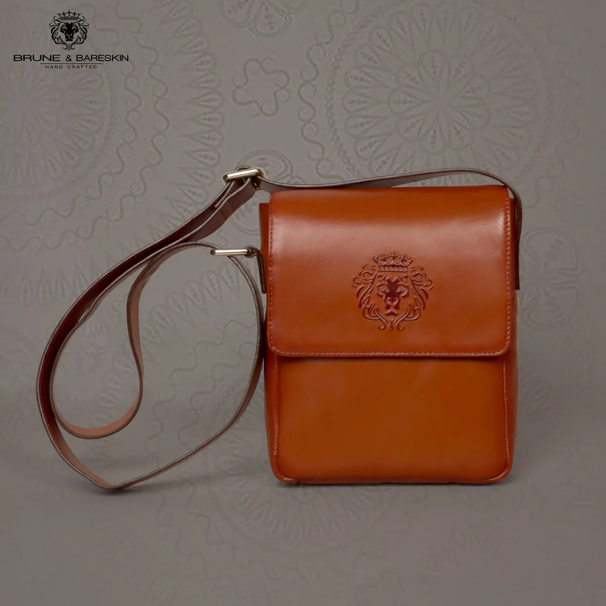Flap-over Crossbody Bag in Tan Leather with Multi Compartment