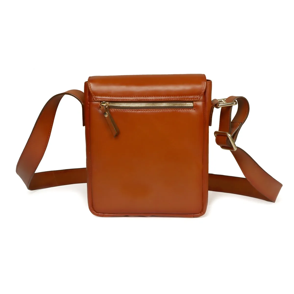 Flap-over Crossbody Bag in Tan Leather with Multi Compartment