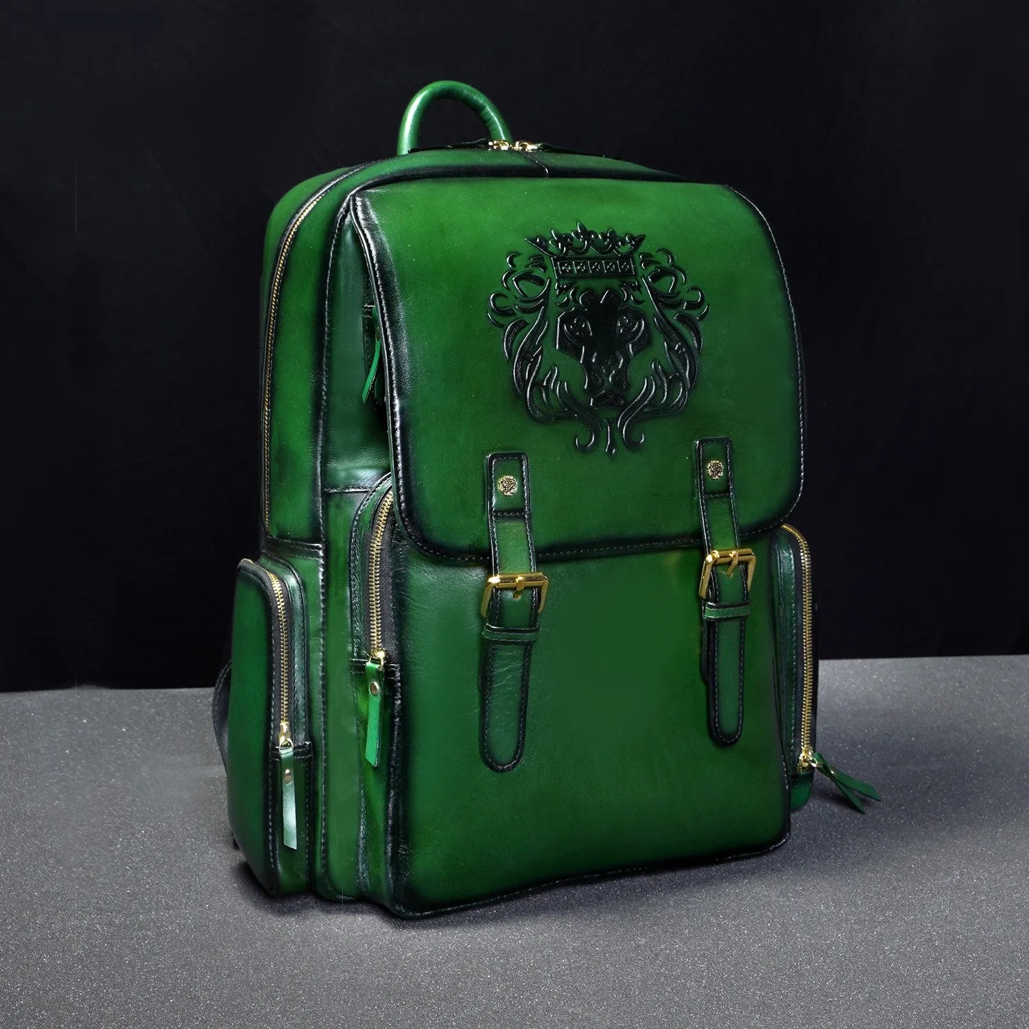 Flap Over Travel Backpack With Embossed Lion Green Leather