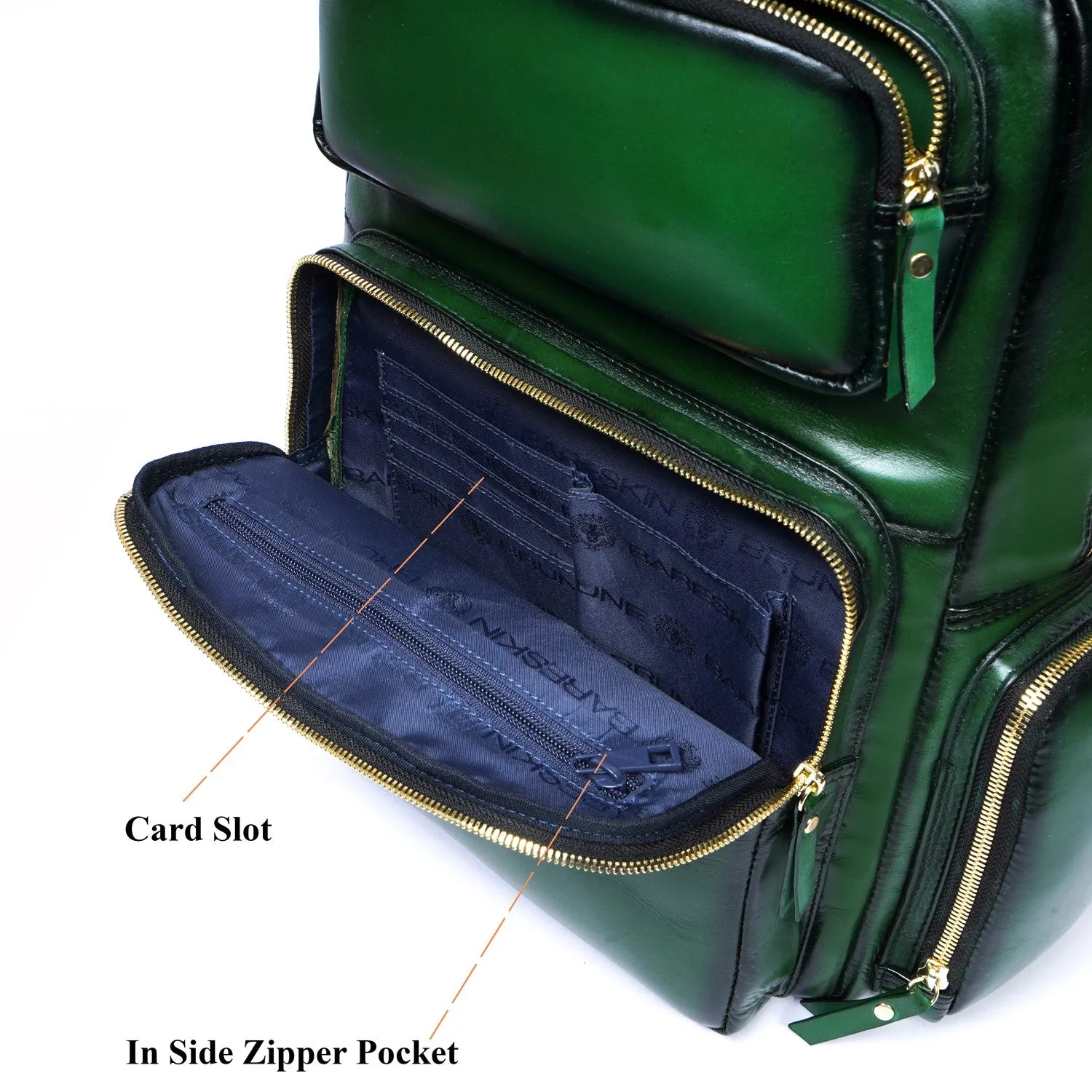 Flap Over Travel Backpack With Embossed Lion Green Leather