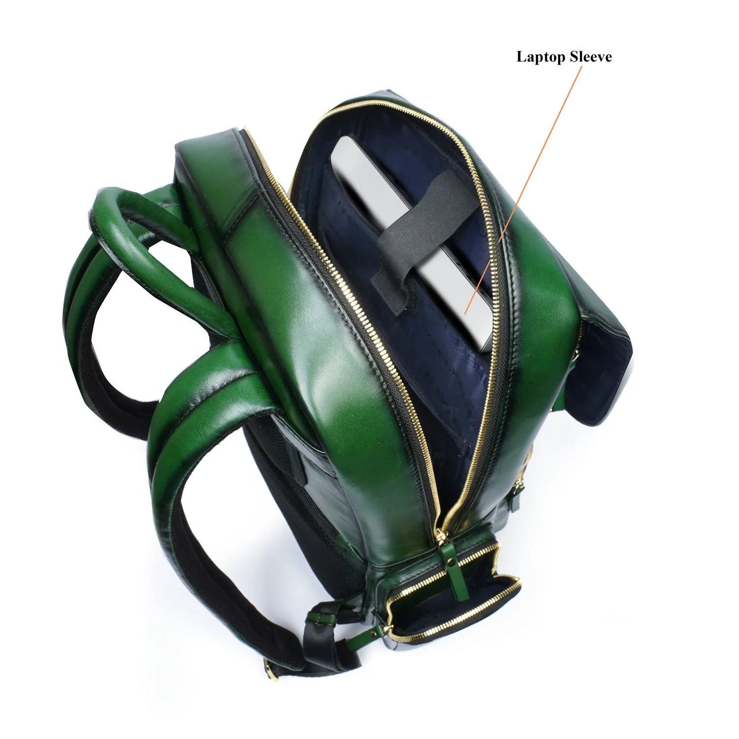Flap Over Travel Backpack With Embossed Lion Green Leather