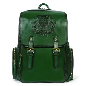 Flap Over Travel Backpack With Embossed Lion Green Leather