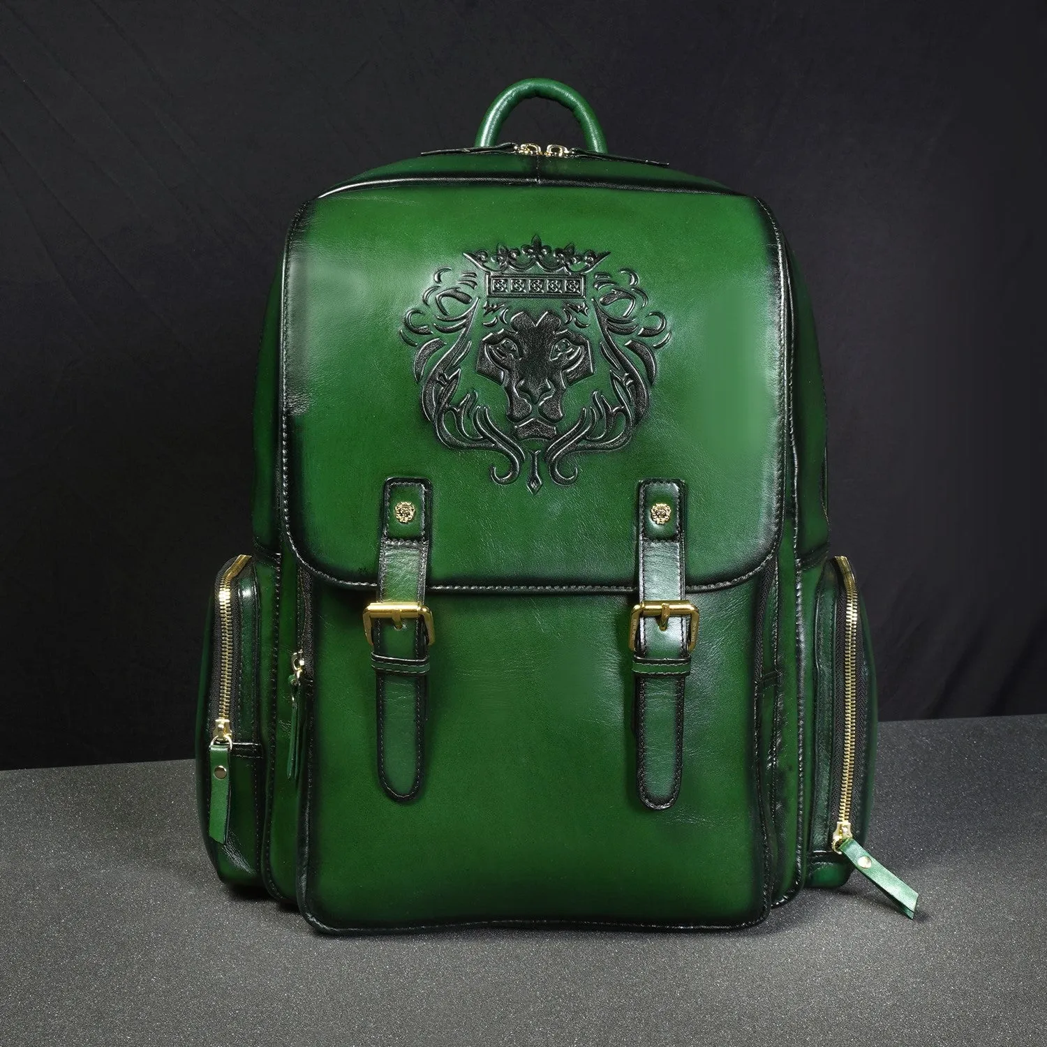 Flap Over Travel Backpack With Embossed Lion Green Leather