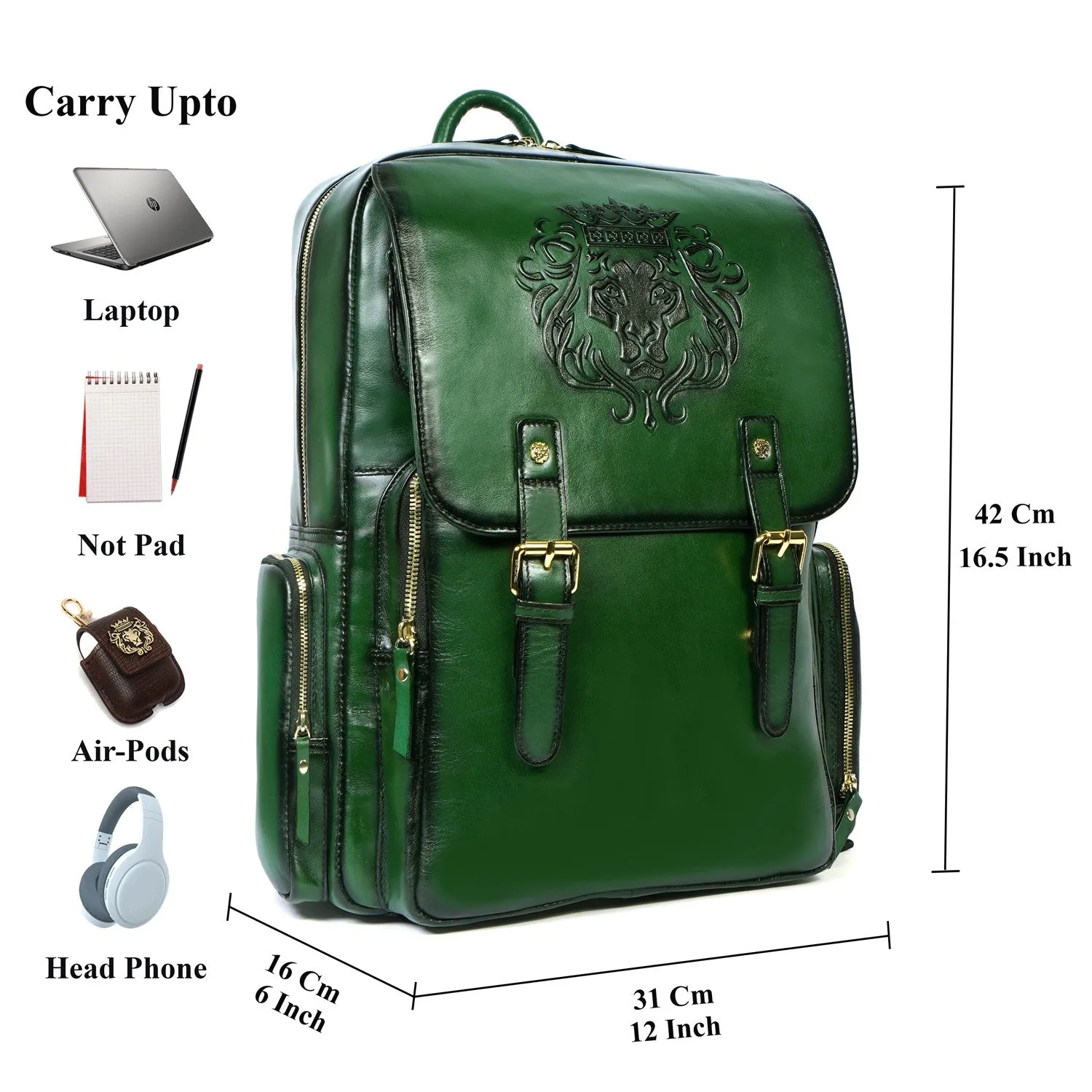 Flap Over Travel Backpack With Embossed Lion Green Leather