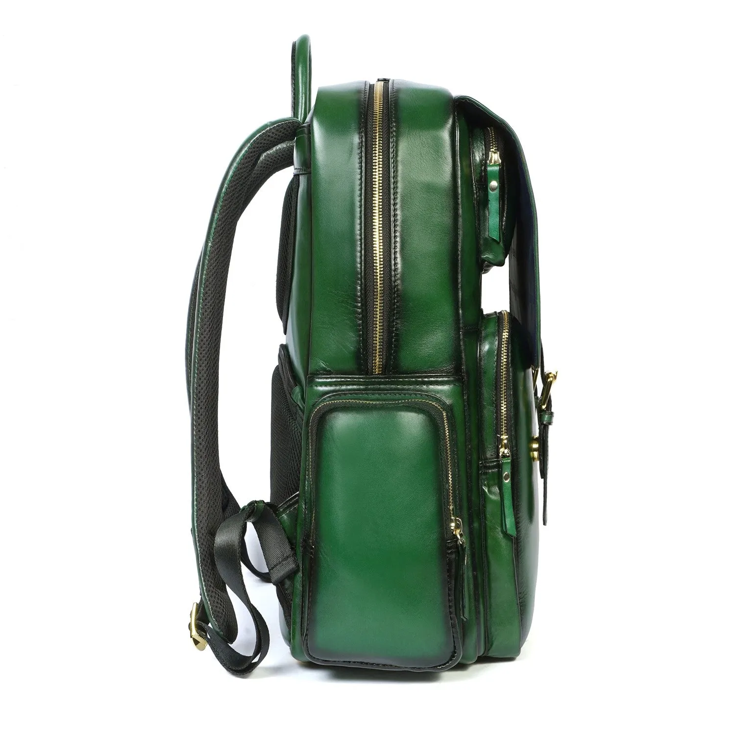 Flap Over Travel Backpack With Embossed Lion Green Leather