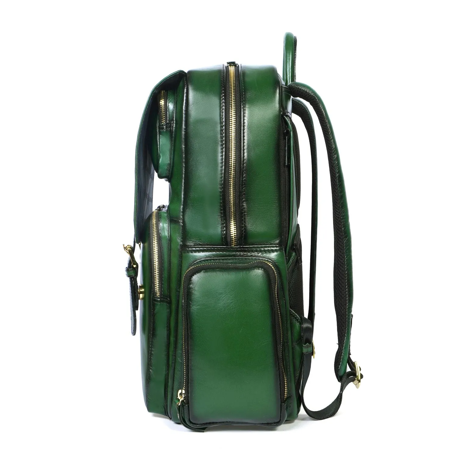 Flap Over Travel Backpack With Embossed Lion Green Leather