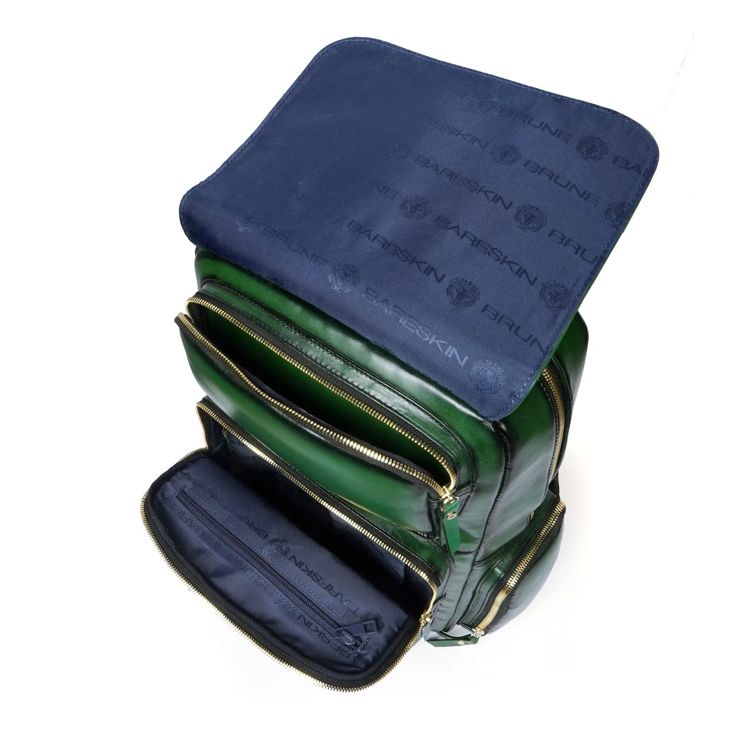 Flap Over Travel Backpack With Embossed Lion Green Leather