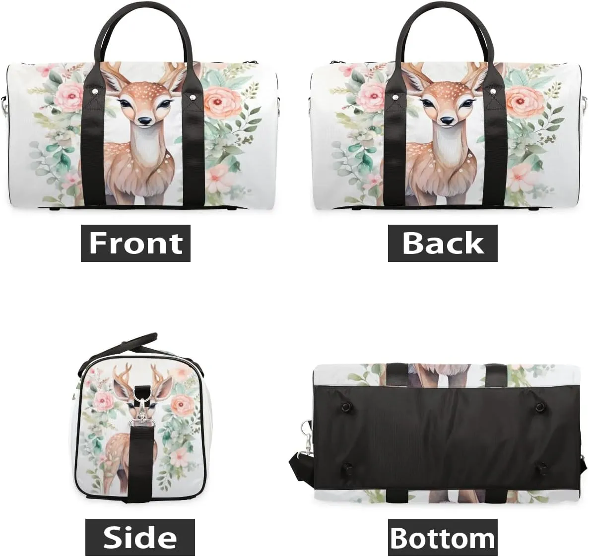 Flower Deer Travel Duffel Bag for Women Men Waterproof Foldable Overnight Weekender Bag Large Capacity Sports Gym Bag