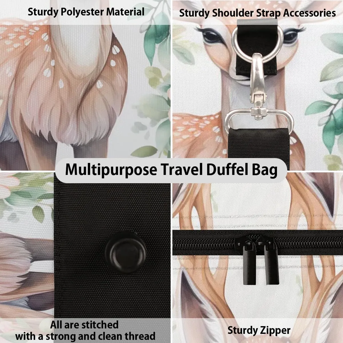 Flower Deer Travel Duffel Bag for Women Men Waterproof Foldable Overnight Weekender Bag Large Capacity Sports Gym Bag
