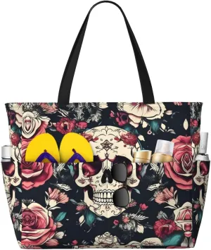 Flowers Skull Ornamental Pattern Print Unisex Large Capacity Beach Travel Bag Vacation Picnic Sport Tote Portable Gym Bag