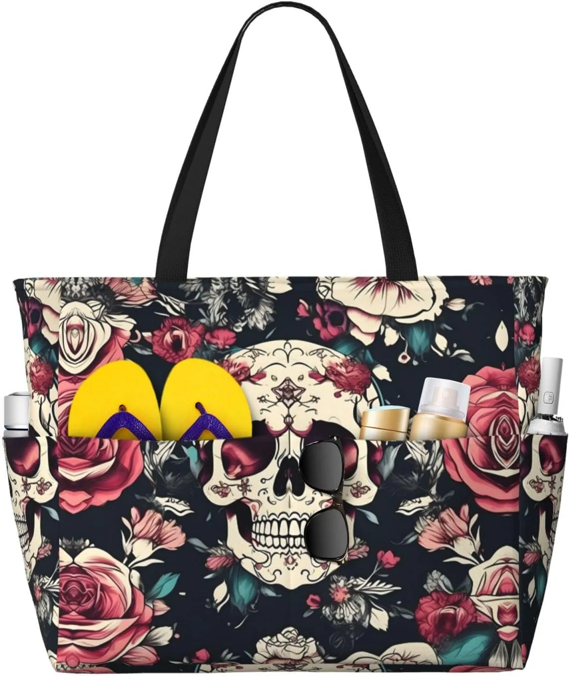 Flowers Skull Ornamental Pattern Print Unisex Large Capacity Beach Travel Bag Vacation Picnic Sport Tote Portable Gym Bag