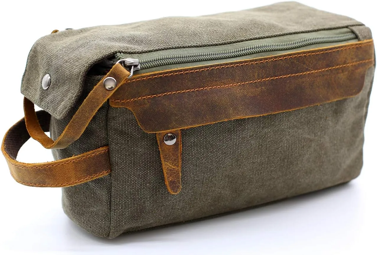 Flow.month Toiletry Bag For Men And Women Personalized Shaving Kit Bag Crazy Horse Leather Dopp Kit For Men Travel Shaving Bag Mens Toiletry Bag Canvas Dopp Kit For Travel (ArmyGreen (Blank))