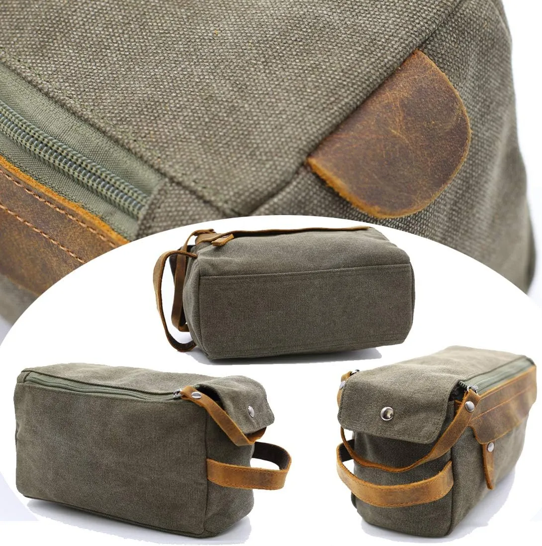 Flow.month Toiletry Bag For Men And Women Personalized Shaving Kit Bag Crazy Horse Leather Dopp Kit For Men Travel Shaving Bag Mens Toiletry Bag Canvas Dopp Kit For Travel (ArmyGreen (Blank))