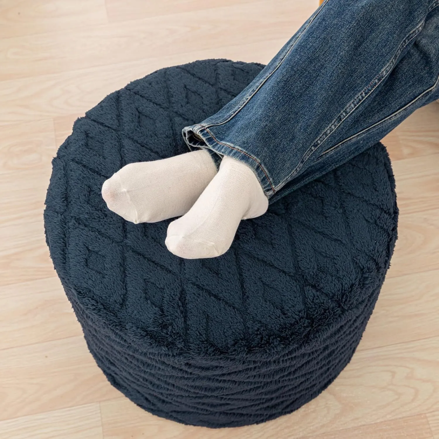 Fluffy Round Storage Ottoman Pouf with All-in-One Foam Filling 20" x 14" Furry Ottoman Foot Rest Foot Stool for Living Room or Bedroom (Navy Blue)
