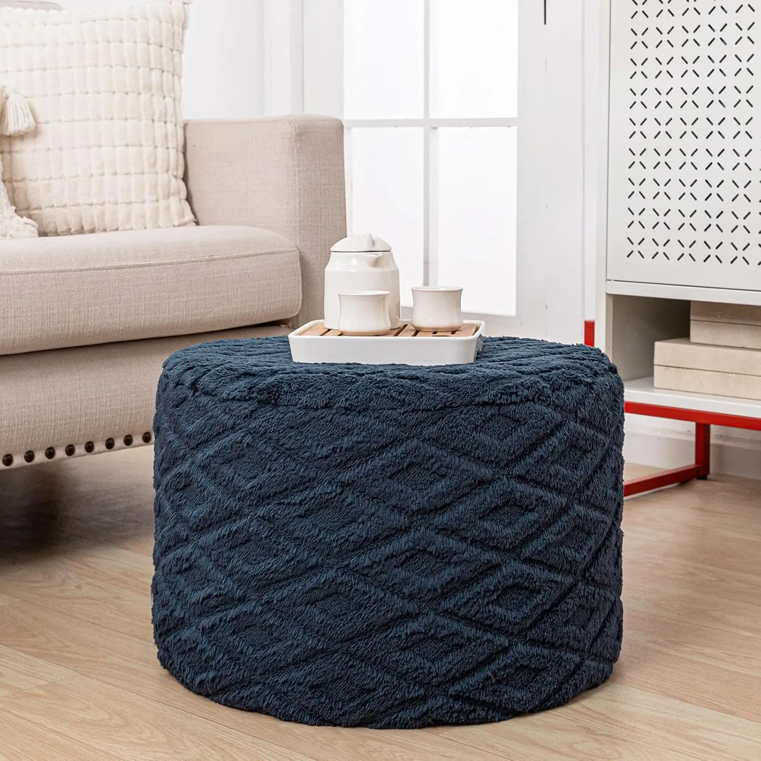 Fluffy Round Storage Ottoman Pouf with All-in-One Foam Filling 20" x 14" Furry Ottoman Foot Rest Foot Stool for Living Room or Bedroom (Navy Blue)