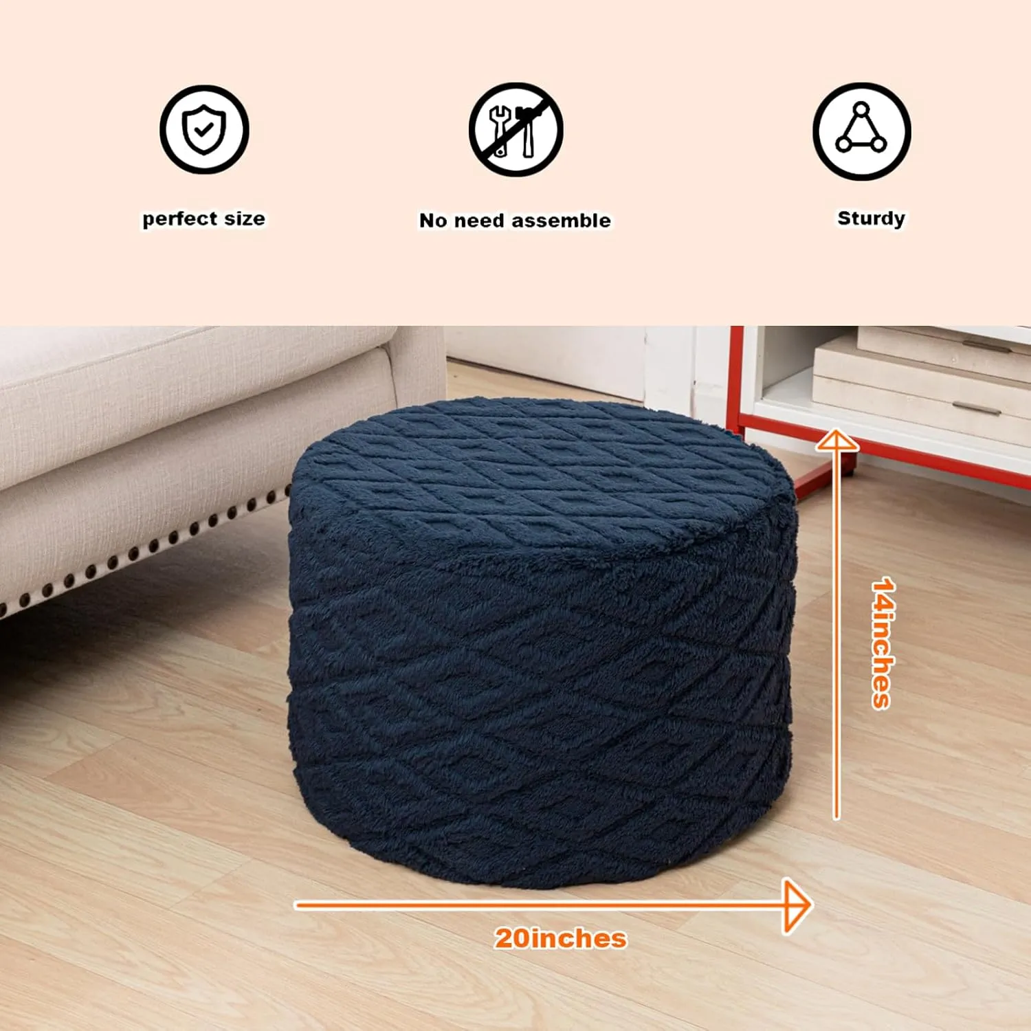 Fluffy Round Storage Ottoman Pouf with All-in-One Foam Filling 20" x 14" Furry Ottoman Foot Rest Foot Stool for Living Room or Bedroom (Navy Blue)