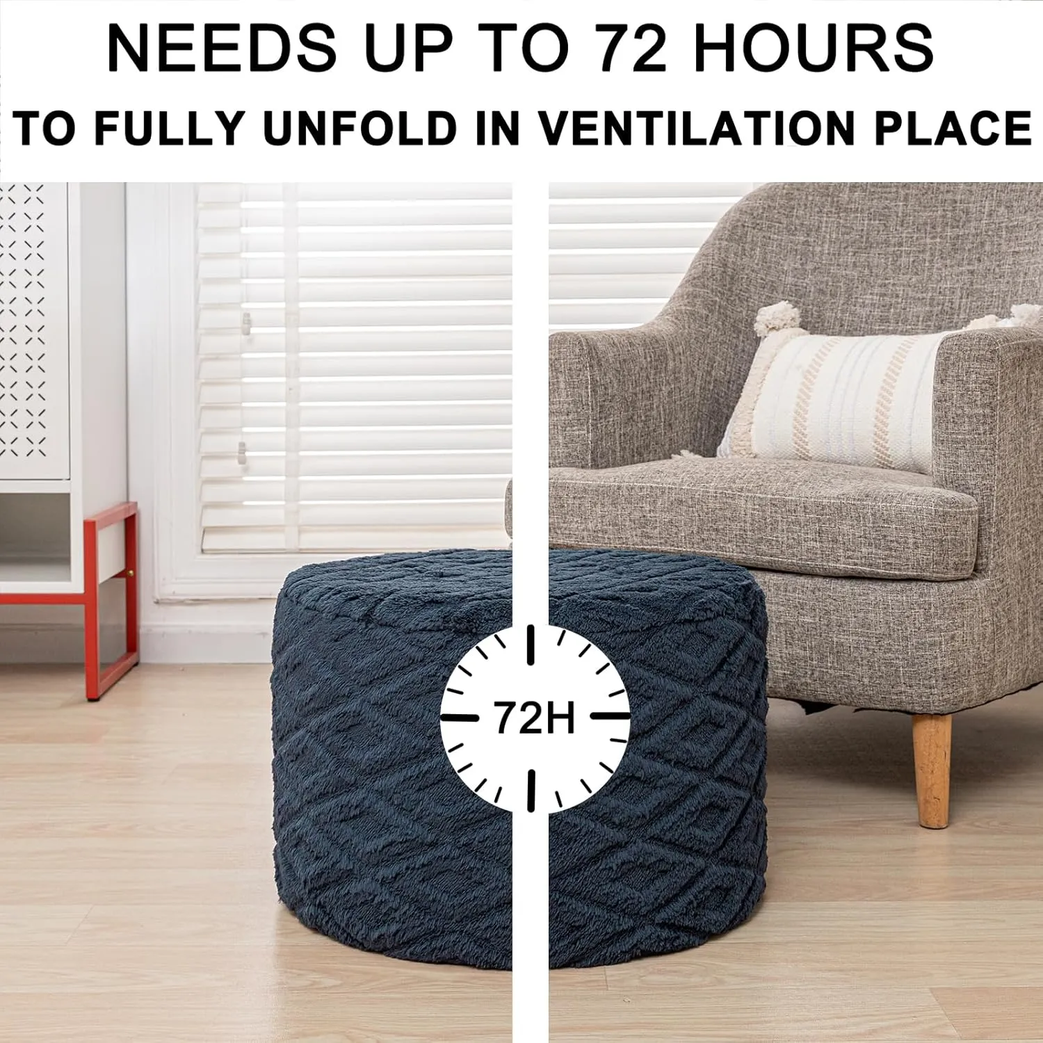 Fluffy Round Storage Ottoman Pouf with All-in-One Foam Filling 20" x 14" Furry Ottoman Foot Rest Foot Stool for Living Room or Bedroom (Navy Blue)